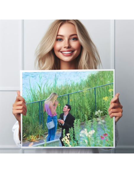 Oil Portrait canvas from marriage proposal photo in a white frame.
