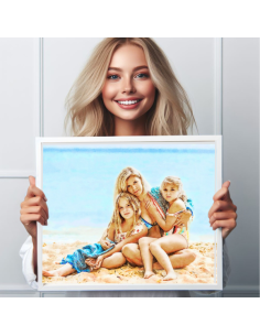 Watercolor Painting from beach picture: Woman holding white framed watercolor style canvas.