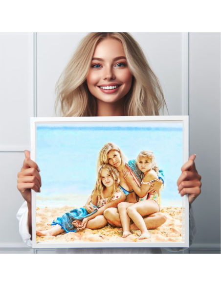 Watercolor Painting from beach picture: Woman holding white framed watercolor style canvas.