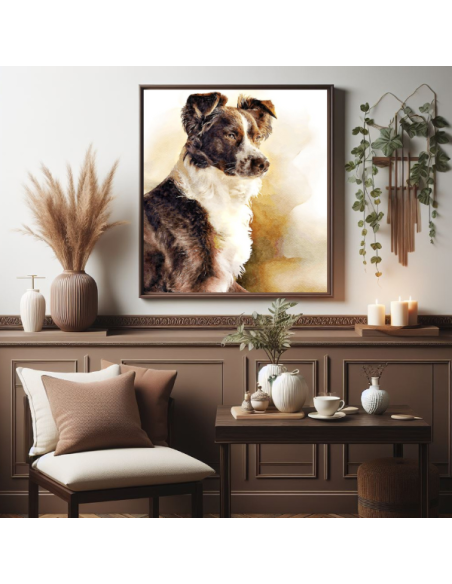 A watercolor painting from a photo of a dog displayed on the wall in a matching brown frame