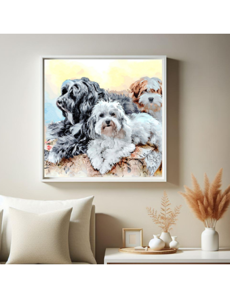 Two cute dogs remembered forever in white framed watercolor canvas from photo