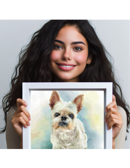 Woman holding canvas portrait done in watercolor of fluffy terrier dog in a white frame