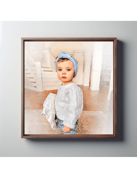 child photo memory made to watercolor portrait in brown frame