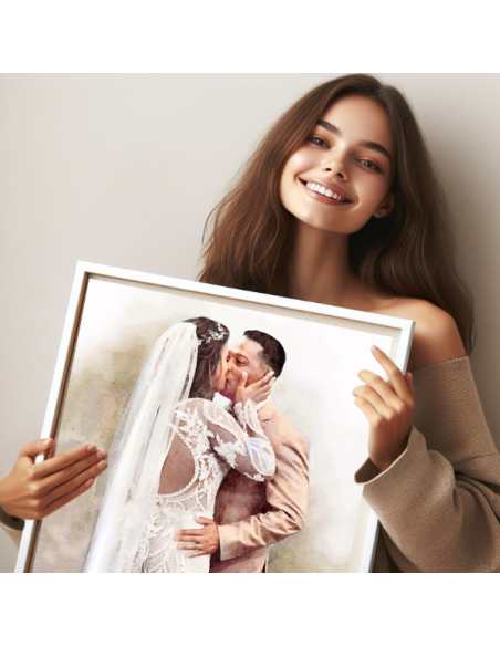 A beautiful wedding kiss painting on canvas and framed in white floater