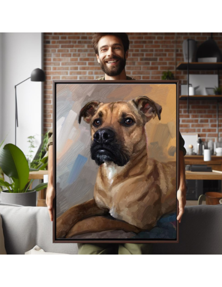 A man holding up a painterly canvas painting of a dog created by artist.
