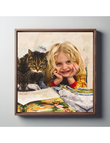 Painterly painting made by an artist from a photo of her with her cat, in brown frame.