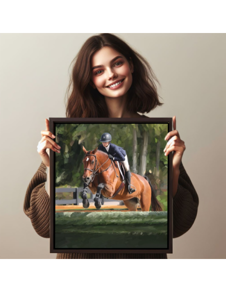 Portrait painting held of a horse rider in painterly style canvas in brown frame