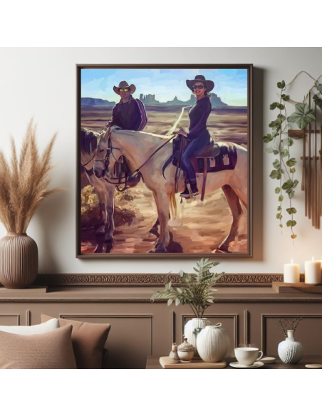 Artist made canvas art from photo of clients riding horses, using painterly brush work.