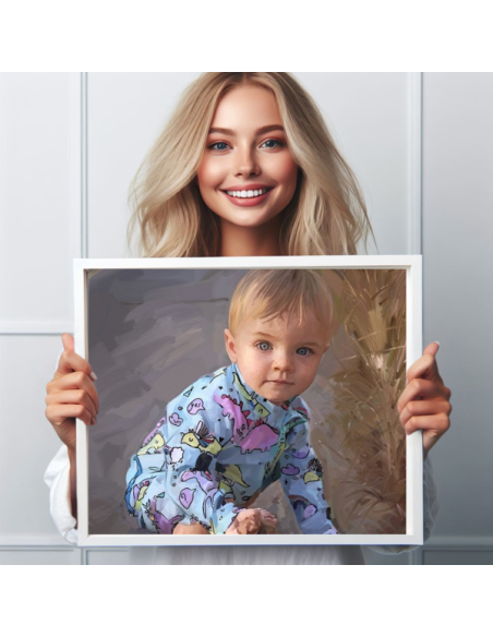A woman holding a framed painterly art canvas of child at the beach.