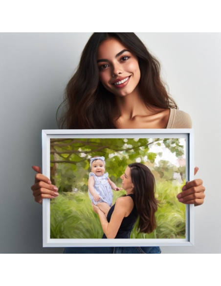 Mother and child canvas framed in white, made from a photo in painterly style