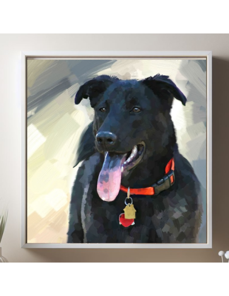 A black lab painted by artist using it's photo and displayed in white frame