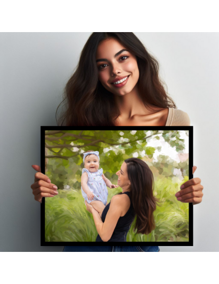  Mother and child canvas framed in black, made from a photo in painterly style