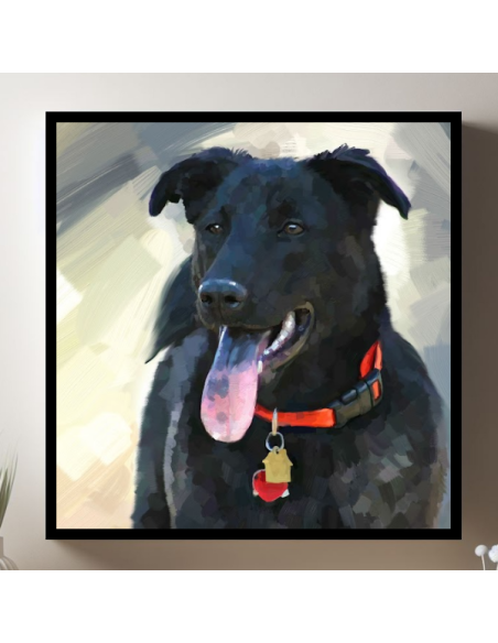 A black lab painted by artist using it's photo and displayed in a black frame