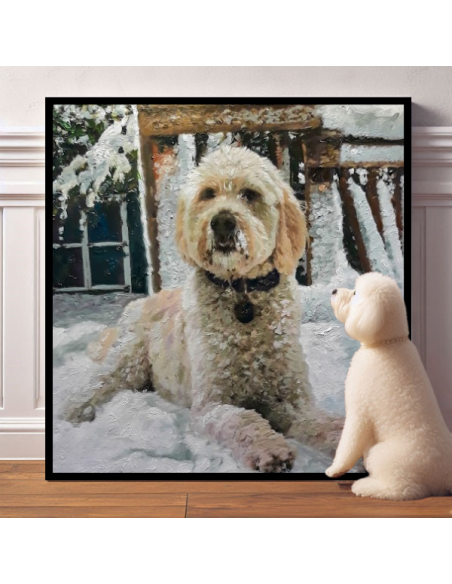 Dog Covered in Snow Oil Portrait: “Custom oil portrait of a dog covered in snow, created from a photo, with the dog standing nex