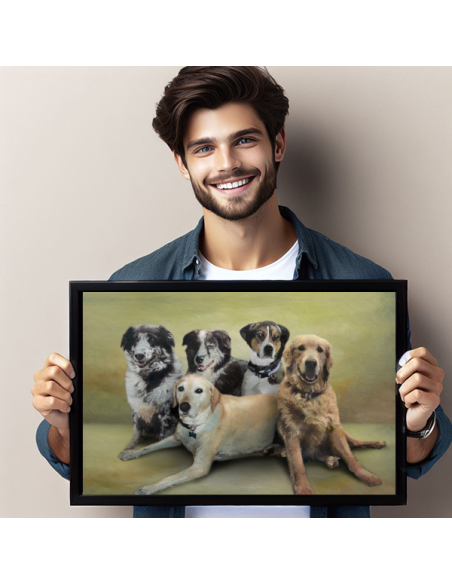 Person holding a framed oil portrait of five dogs, painted from a photo.