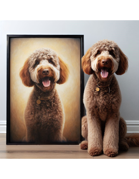 Poodle photo to painting: "Brown poodle painted from photo and framed, with the poodle sitting right next to it."