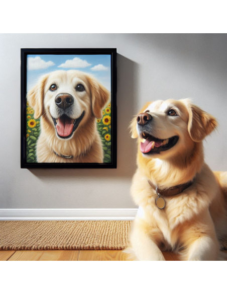 Golden Retriever Oil Portrait: “Custom oil portrait of a golden retriever with a shiny coat, created from a photo, showcased in 