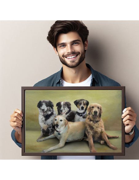 Group of Dogs Oil Portrait: “Custom oil portrait of five dogs of various breeds sitting closely together, created from a photo, 