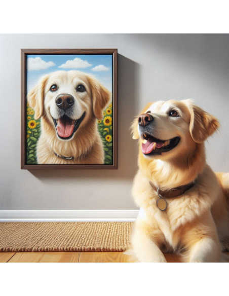 Golden Retriever Oil Painting from a picture displayed in brown frame