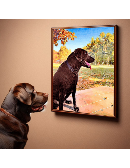 Dog admires watercolor painting canvas in a matching brown frame