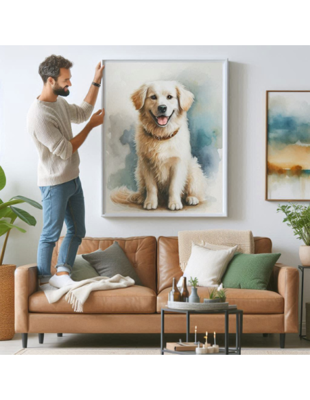 Putting up a large watercolor painting from dog photo with a white frame in living room
