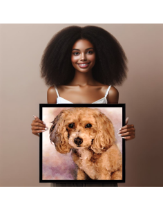A cuddly poodle mix painted in water color style, held in a canvas frame
