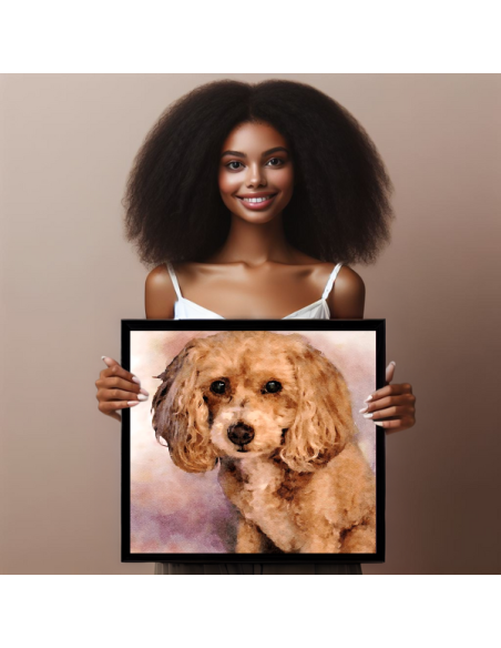 A cuddly poodle mix painted in water color style, held in a canvas frame