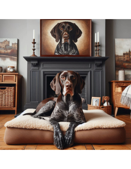 Portrait dog artwork from picture in brown frame displayed above mantle with dog laying below