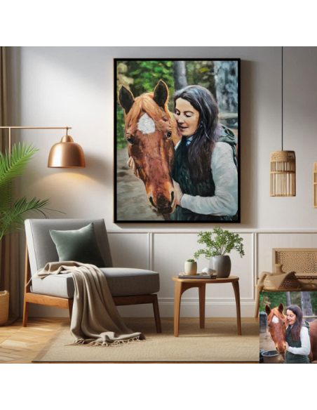  Canvas painting displayed on wall after artist painted photo of woman and horse