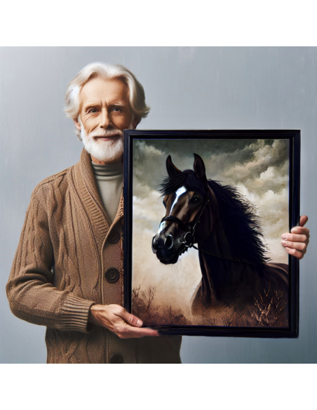 A man displays his horse painting canvas artwork from picture in a black frame