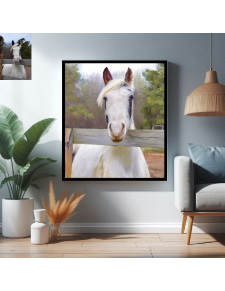 Picturesque canvas painted by artist from a camera image of a white horse 