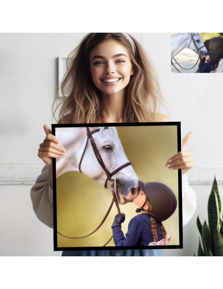 OIl painting from horse rider kissing her horse with before photo in upper right