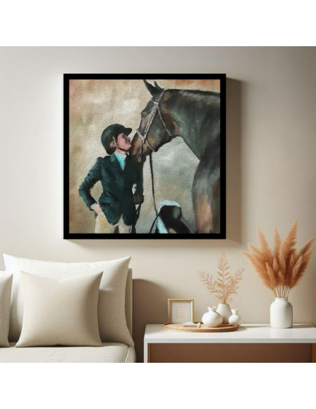 horse rider's photo with horse artistically painted in oil style on canvas