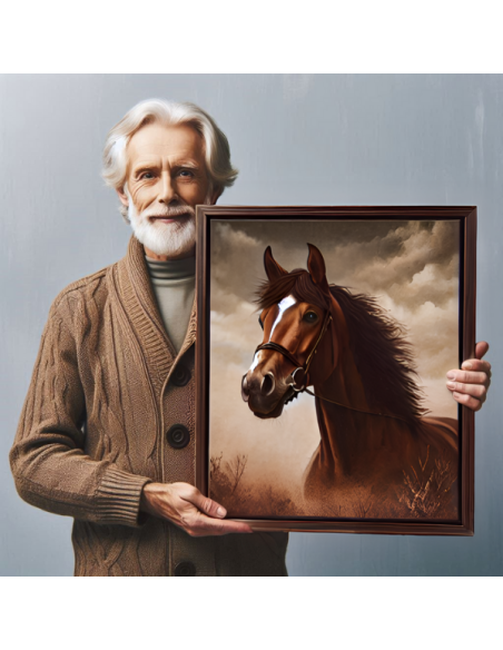 oil portrait painting of horse from a photo displayed in frame