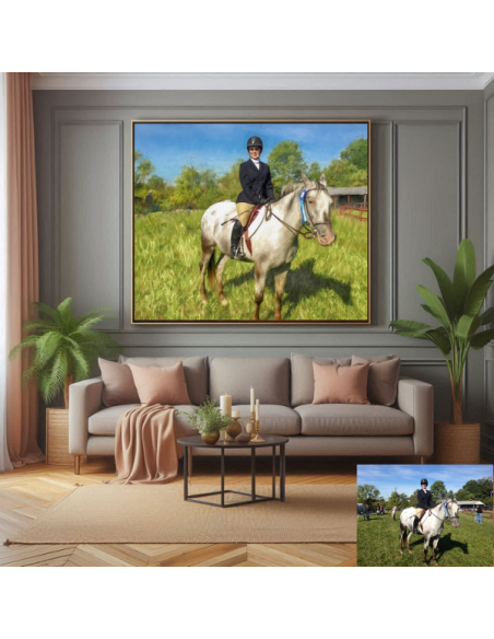 Painted Oil Canvas art from picture of a lady riding her horse prominently displayed in living room
