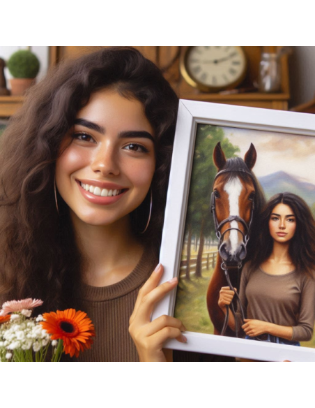  Picture of a lady with her horse transformed to canvas painting in white fraem
