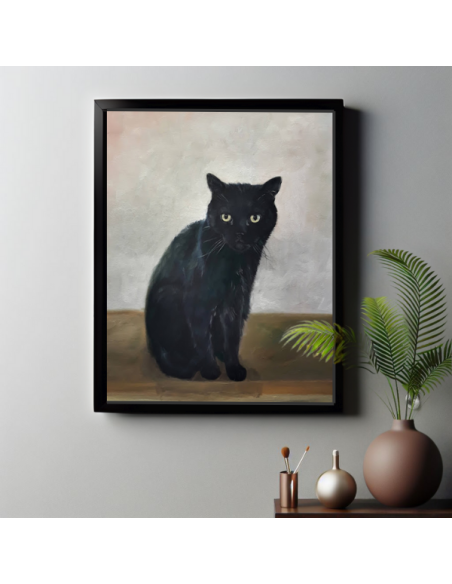 Black cat portrait painted canvas from pic in matching black frame