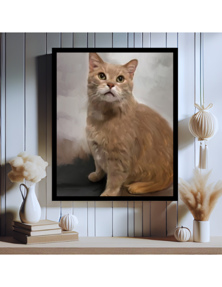 Orange tabby cat photo transformed into painting, displayed in a white frame.