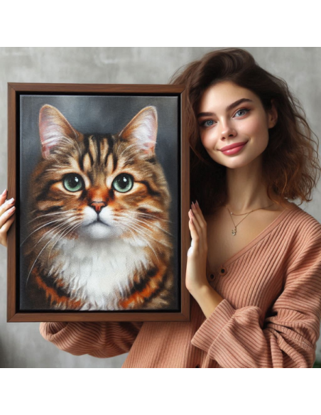 cat portrait painting from a photo in oili style displayed in a brown floating frame held by a woman. in 