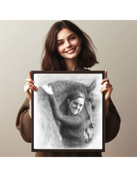 Sketch from photo of a lady with her horse held for display in a black frame