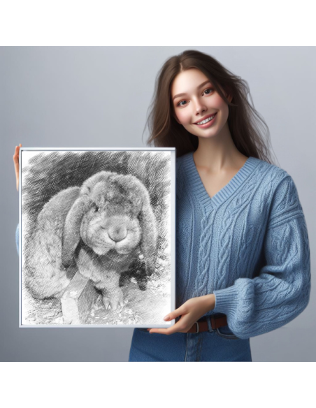 A pet bunny photo made to a portrait sketch in a white frame