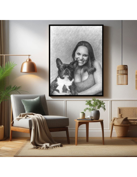 A pet portrait sketch gift by artist of a lady holding her dog lovingly