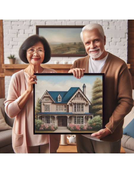 Couple displaying their framed canvas painting made from an iage of their home
