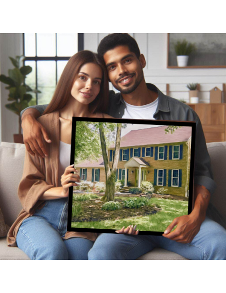 Young couple holding black framed canvas painted from picture of home