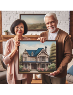 Couple displays their home portrait painting canvas