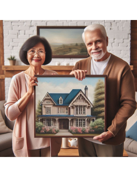 Couple displays their home portrait painting canvas