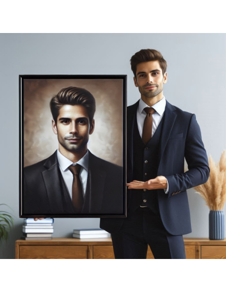 A corporate exec stands next to his business executive painting framed in a black floating canvas frame