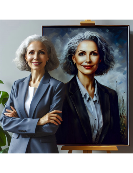 A female business leader poses next to her custom made professional portrait art from image