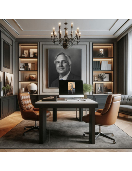 Meeting room featuring a large corporate executive painting honoring business leader