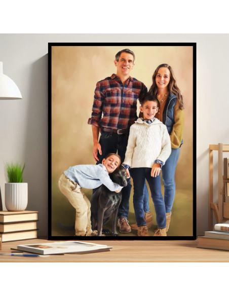 Personalized oil family painting with parents child and dog alltogether in a black frame.